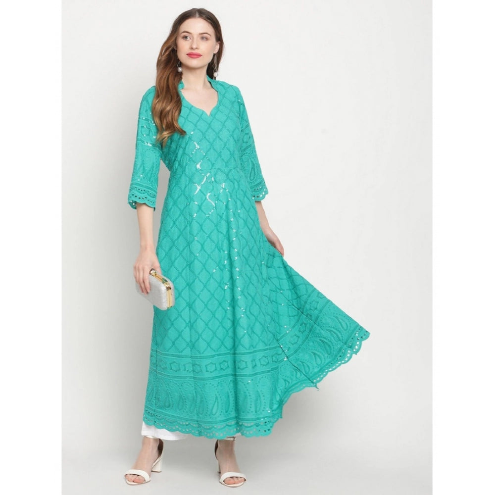 Generisches Damen-Kurti aus Baumwolle mit 3/4-Ärmeln und Stickereien (blau)