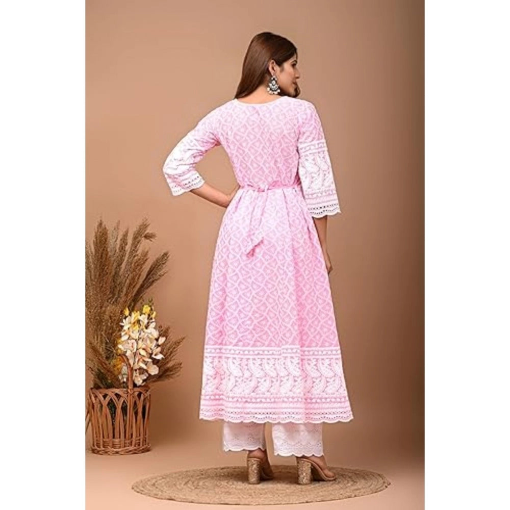 Generic Women's Casual 3/4th Sleeve Embroidered Cotton Kurti Set (Pink)