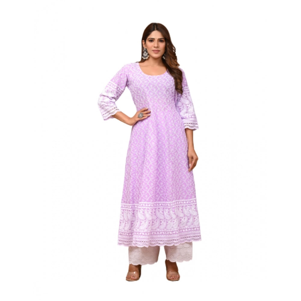 Generic Women's Casual 3/4th Sleeve Embroidered Cotton Kurti Set (Purple)