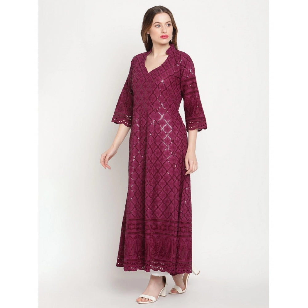 Generisches Damen-Kurti aus Baumwolle mit 3/4-Ärmeln und Stickereien (lila)