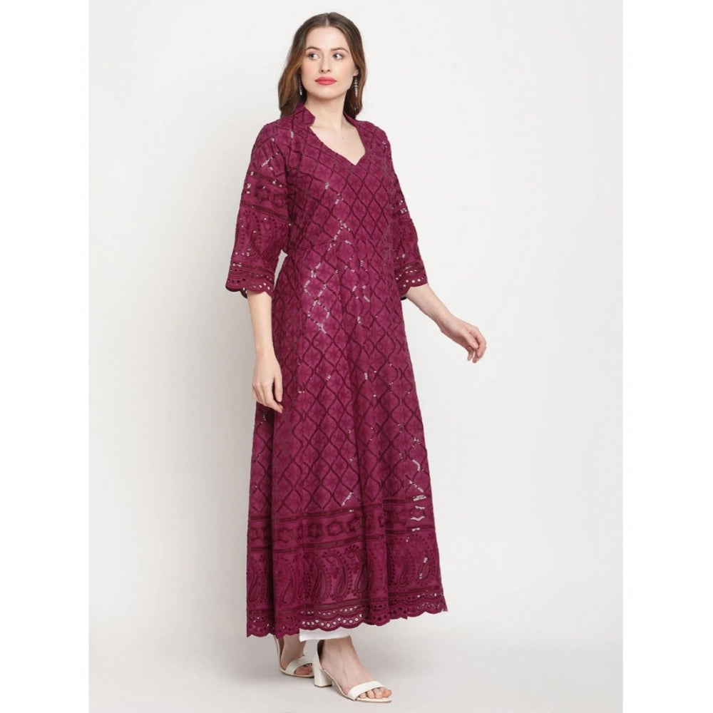 Generisches Damen-Kurti aus Baumwolle mit 3/4-Ärmeln und Stickereien (lila)