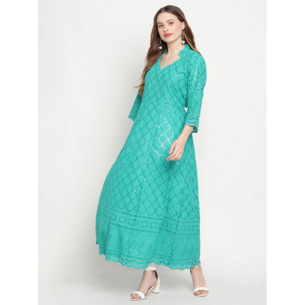 Generisches Damen-Kurti aus Baumwolle mit 3/4-Ärmeln und Stickereien (blau)