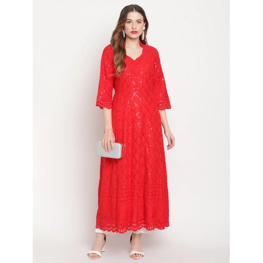 Generisches Damen-Kurti aus Baumwolle mit 3/4-Ärmeln und Stickereien (Rot)