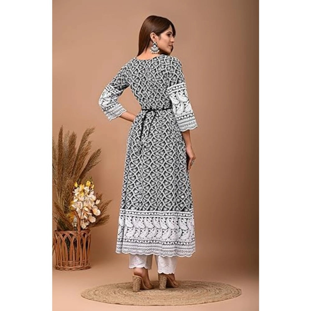 Generisches Damen-Kurti-Set aus Baumwolle mit 3/4-Ärmeln und Stickereien (Schwarz)