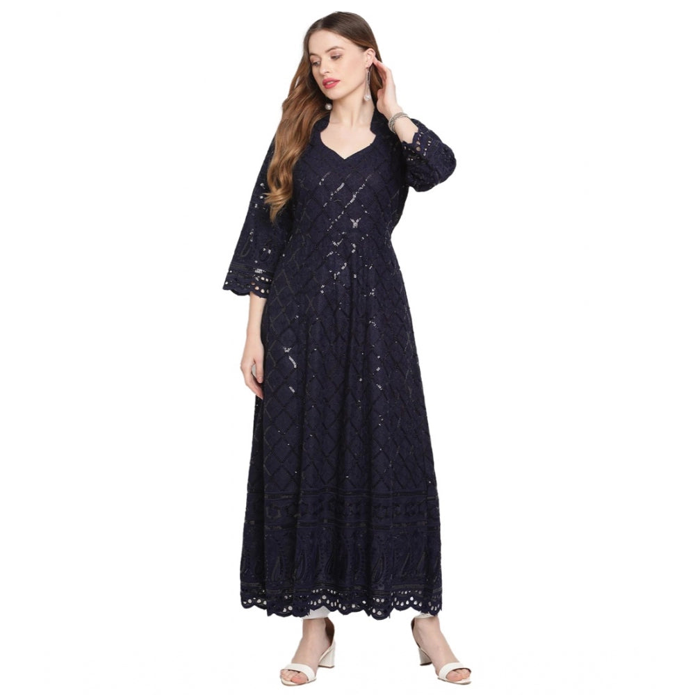 Generisches Damen-Kurti aus Baumwolle mit 3/4-Ärmeln und Stickereien (Marineblau)