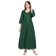 Generic Women's Casual 3/4th Sleeve Embroidered Cotton Kurti (Dark Green)