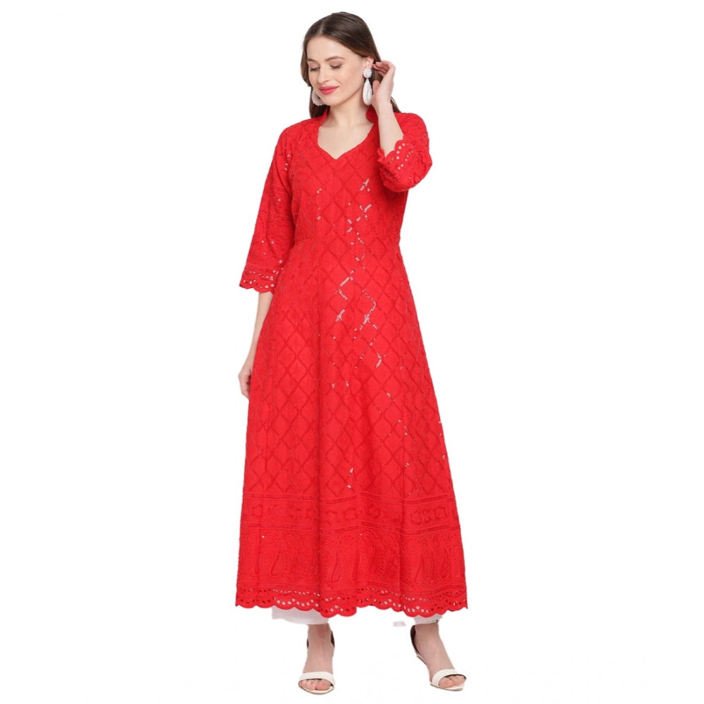 Generisches Damen-Kurti aus Baumwolle mit 3/4-Ärmeln und Stickereien (Rot)