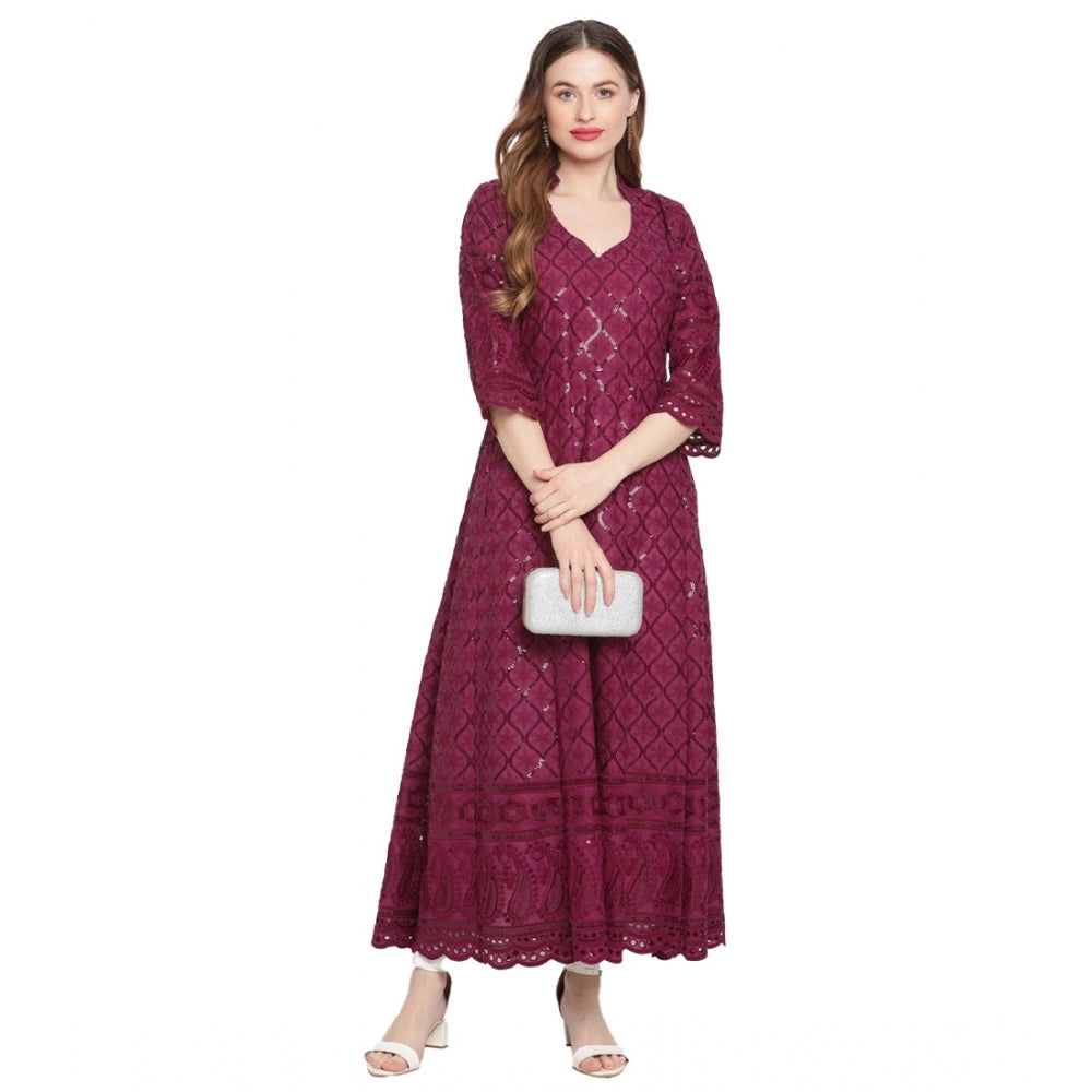 Generic Women's Casual 3/4th Sleeve Embroidered Cotton Kurti (Purple)