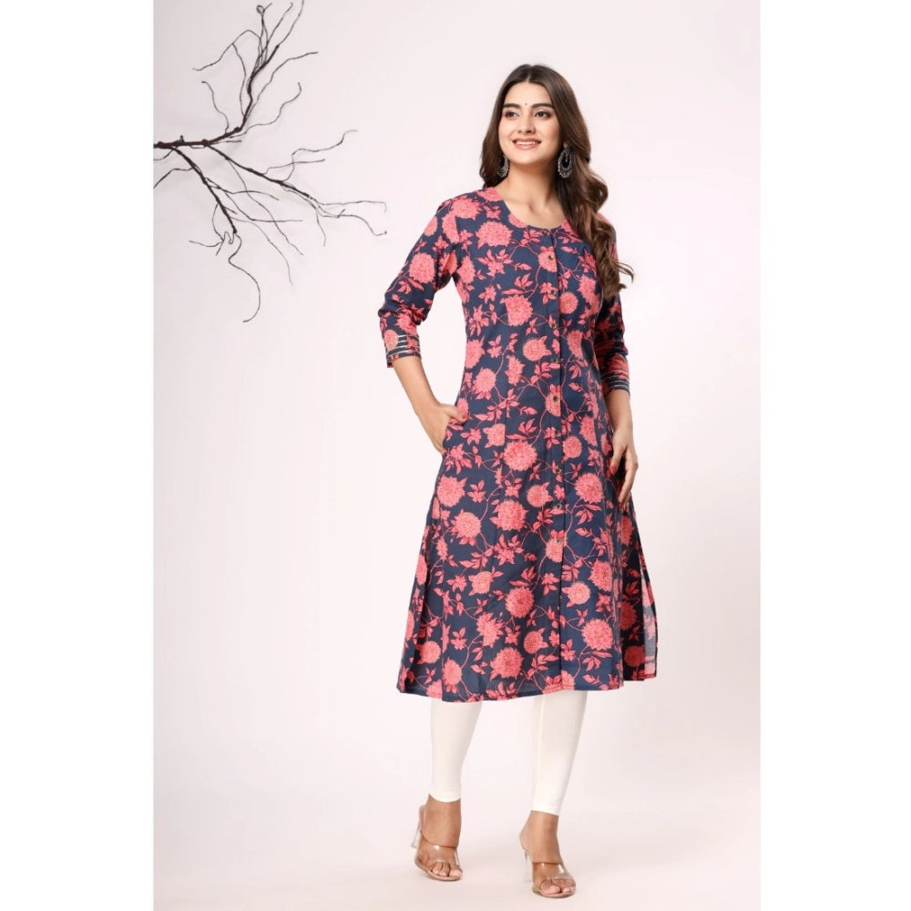 Generic Women's Casual 3/4th Sleeve Floral Printed Cotton Flex Kurti (Navy Blue-Pink)