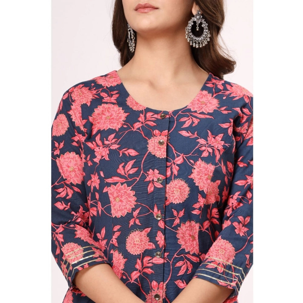 Generisches Damen-Kurti mit 3/4-Ärmeln und Blumenmuster aus flexibler Baumwolle (Marineblau-Pink)