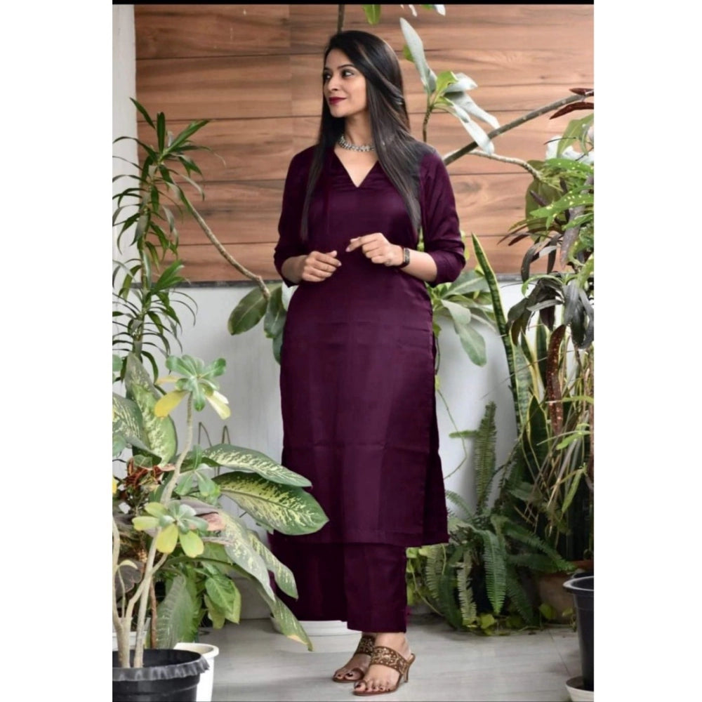 Generic Women's Casual 3/4th Sleeve Solid Jam Cotton kurti With Pant Set (Purple)