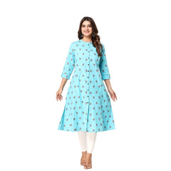 Generic Women's Casual 3/4th Sleeve Floral Printed Cotton Flex Kurti (Blue)