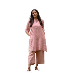 Generic Women's Casual 3/4th Sleeve Solid Cotton Cambric kurti With Pant Set (Peach)