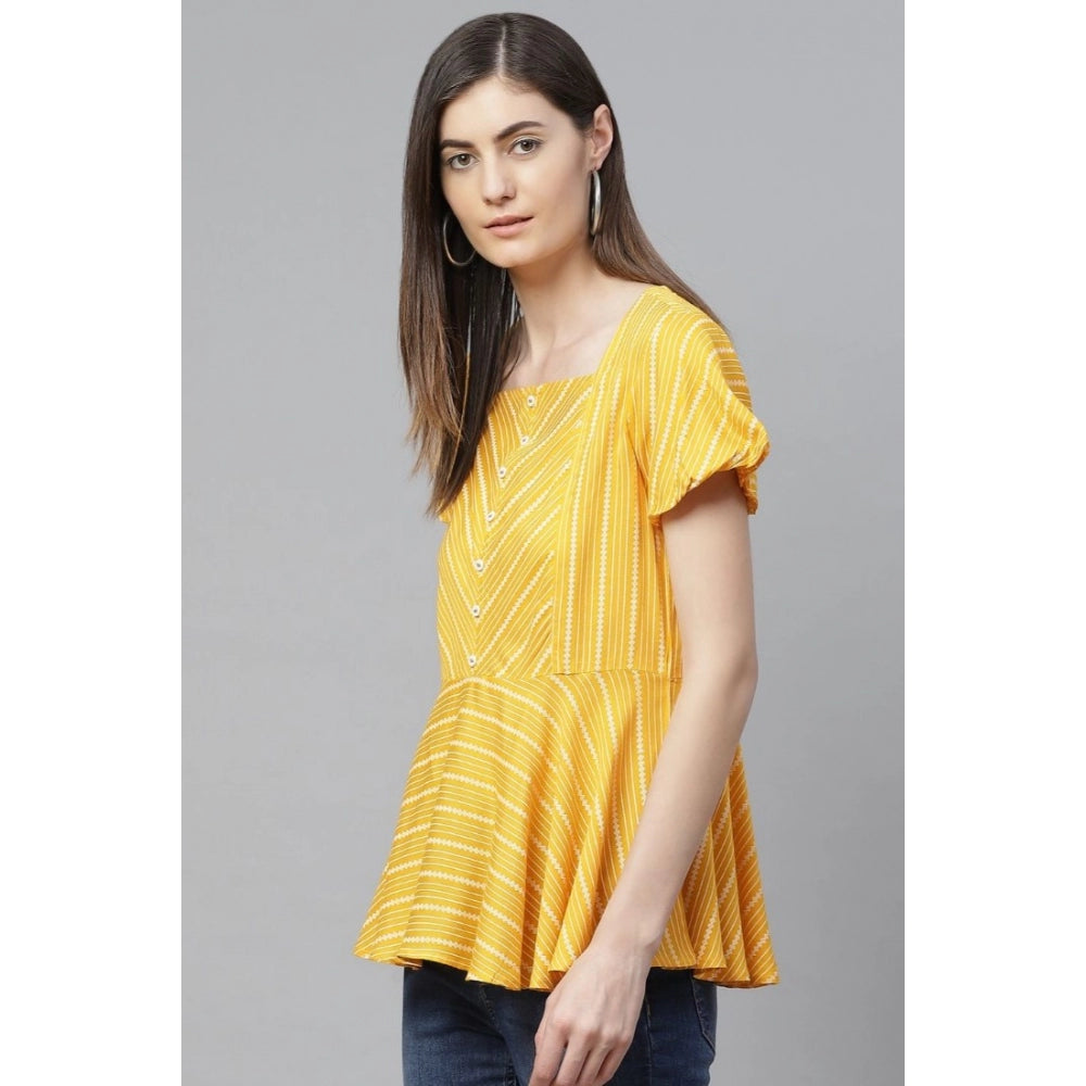 Generic Women's Casual Short Sleeves Stripe Printed Rayon Top (Mustard)