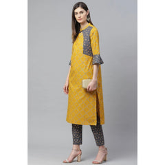 Generic Women's Casual Bell Sleeves Geomatrical Printed Cotton Kurti Set (Yellow)