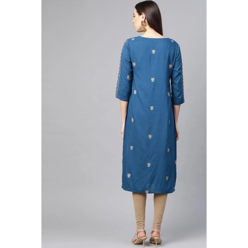 Generic Women's Casual 3/4 th Sleeve Floral Printed Rayon Kurti (Blue)