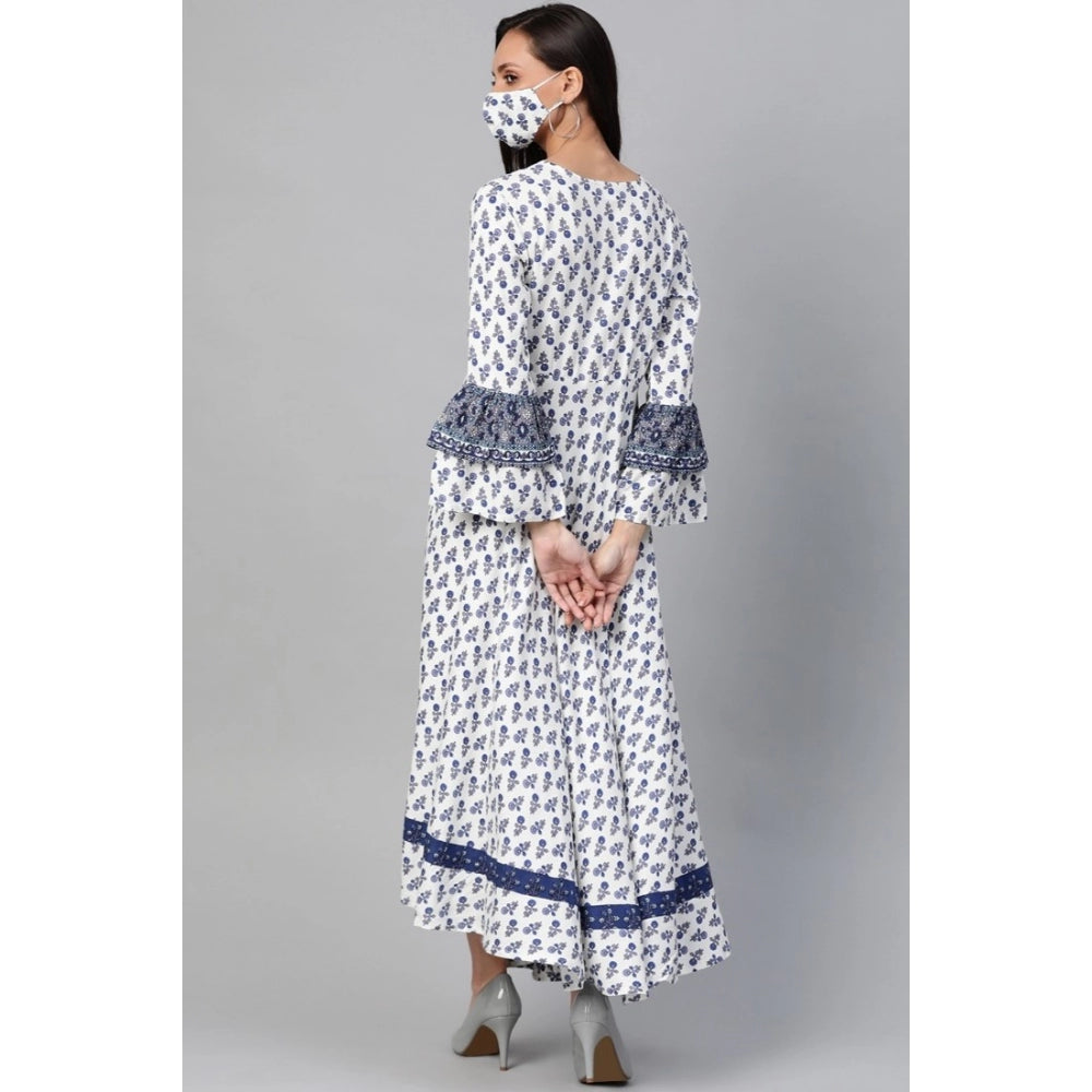 Generic Women's Casual Bell Sleeve Floral Printed Rayon Dress (White &amp; Blue)