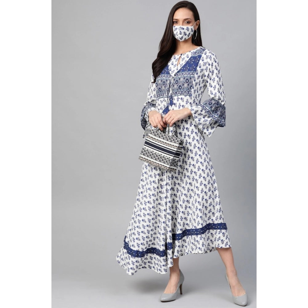 Generic Women's Casual Bell Sleeve Floral Printed Rayon Dress (White &amp; Blue)