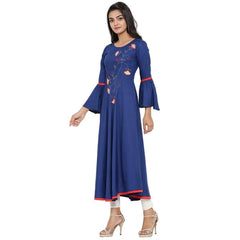 Generic Women's Casual Bell Sleeves Embroidery Rayon Kurti (Blue)