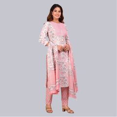 Generic Women's Casual 3/4 th Sleeve Floral Printed Cotton Kurti &amp; Pant With Dupatta (Baby Pink)