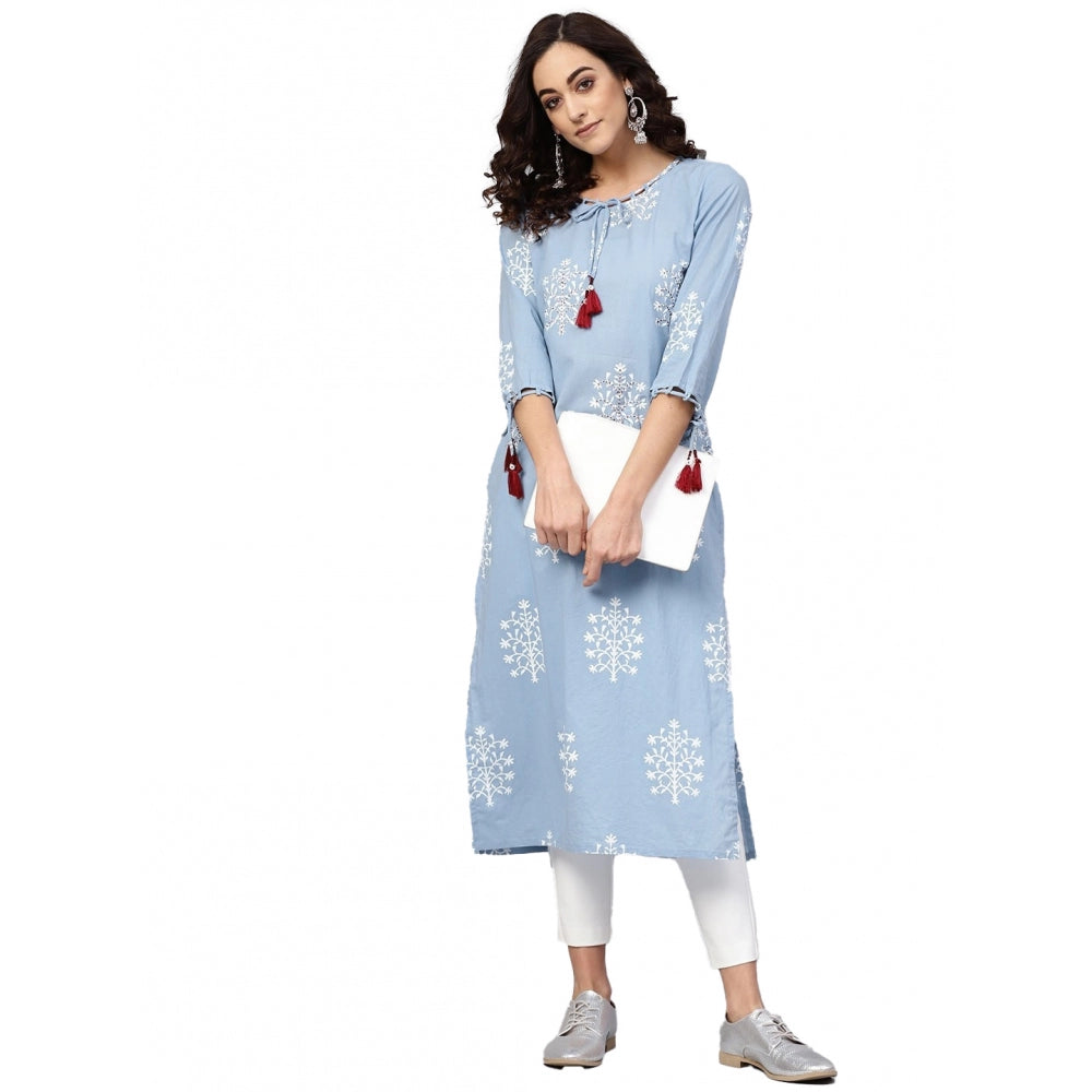 Generic Women's Casual 3/4 th Sleeve Embroidery Cambric Cotton Kurti (Blue)