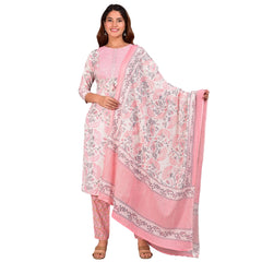 Generic Women's Casual 3/4 th Sleeve Floral Printed Cotton Kurti &amp; Pant With Dupatta (Baby Pink)