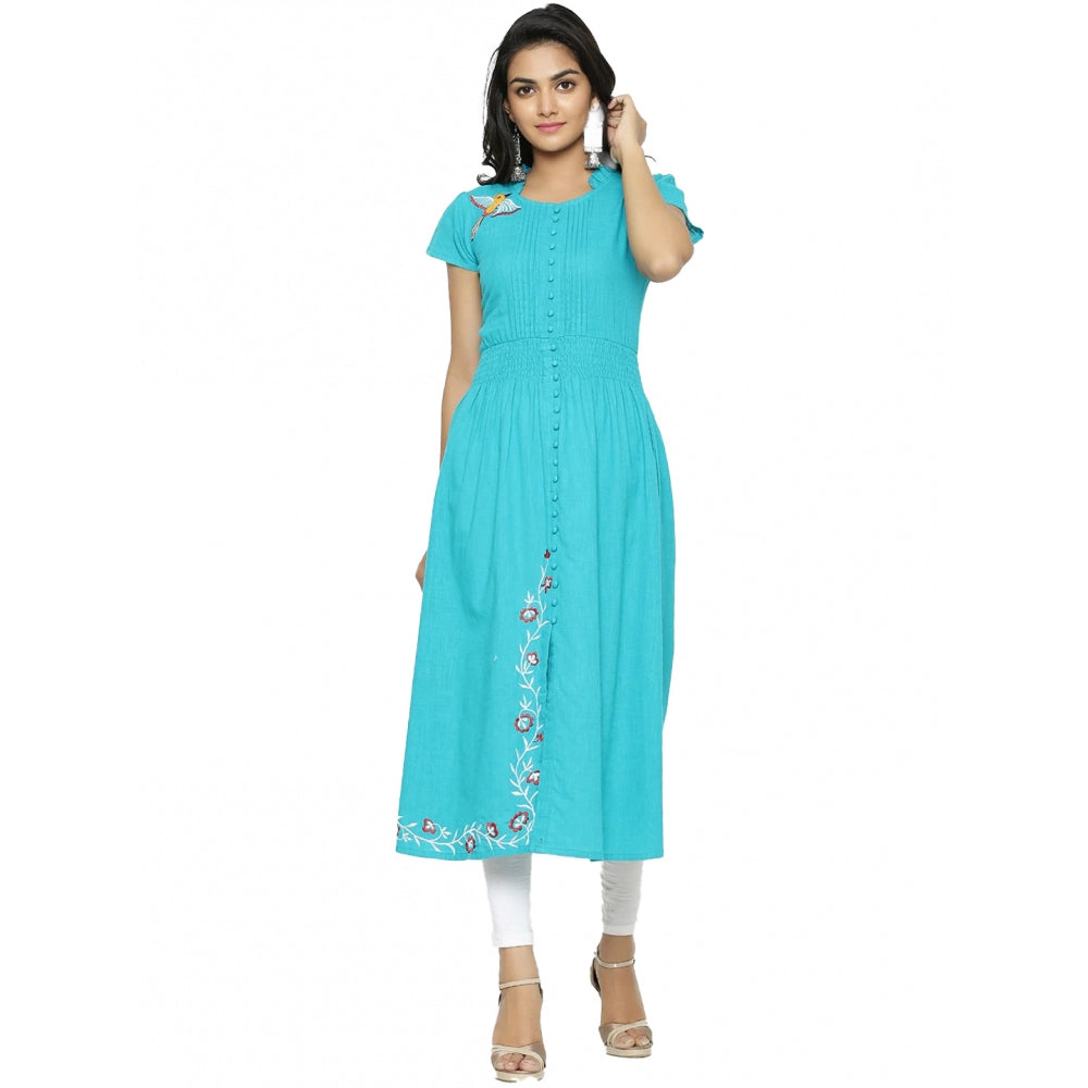 Generic Women's Casual Short Sleeve Embroidery Cotton Slub Kurti (Torque Green)