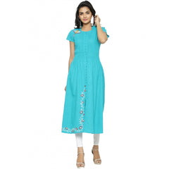 Generic Women's Casual Short Sleeve Embroidery Cotton Slub Kurti (Torque Green)