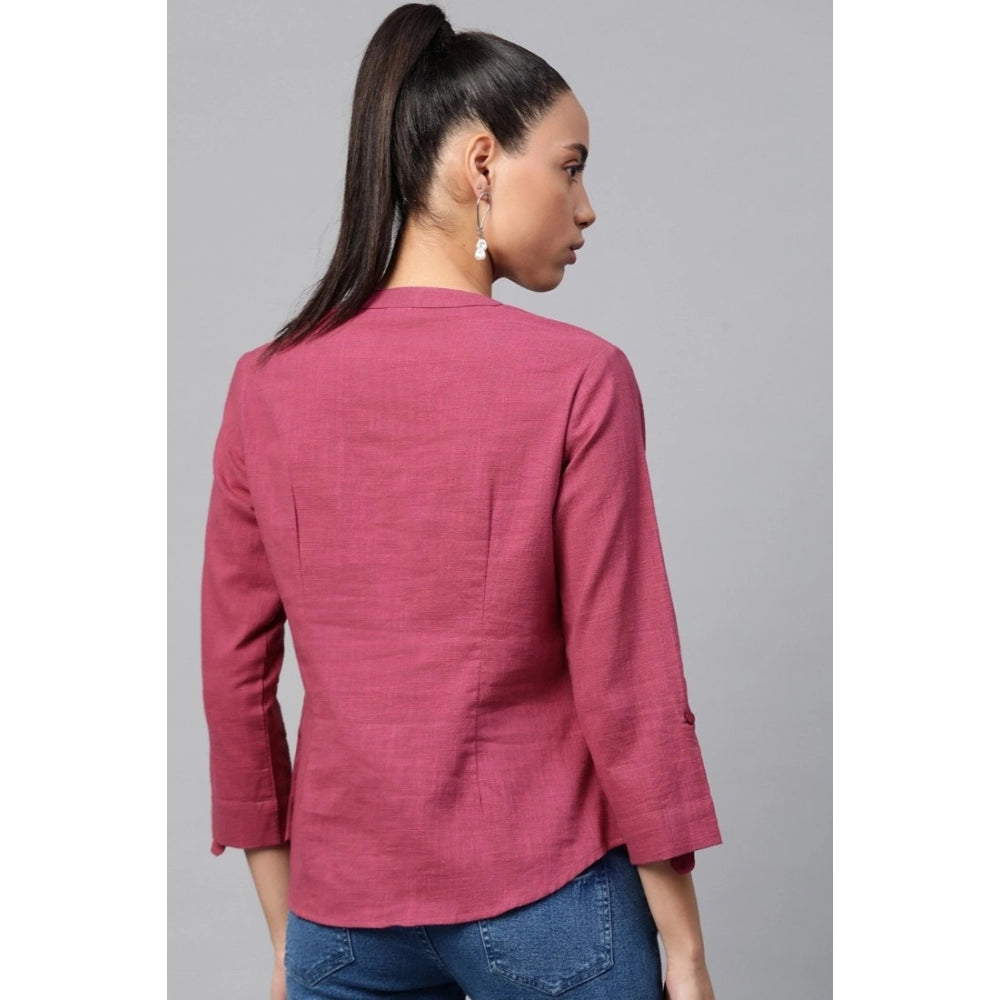 Generic Damen-Freizeithemden mit Rollärmeln aus massiver Baumwolle mit Slub-Muster (Rosa)