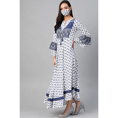 Generic Women's Casual Bell Sleeve Floral Printed Rayon Dress (White &amp; Blue)