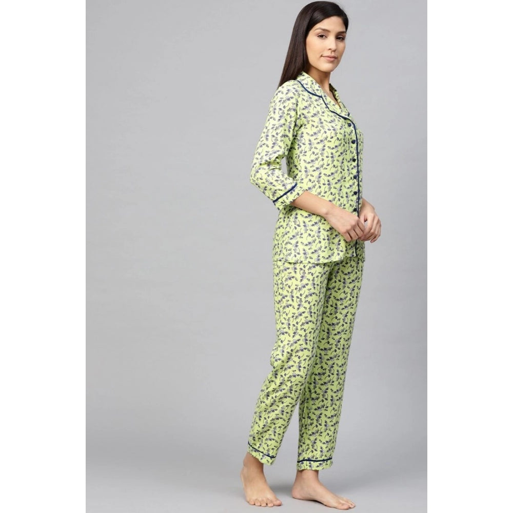 Generic Women's Casual 3/4 Sleeve Floral Printed Rayon Shirt With Pyjama Pant Night Suit Set (Green)