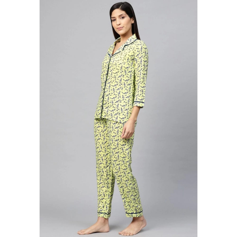 Generic Women's Casual 3/4 Sleeve Floral Printed Rayon Shirt With Pyjama Pant Night Suit Set (Green)