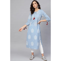 Generisches Damen-Kurti aus Batist-Baumwolle mit 3/4-Ärmeln und Stickerei (blau)