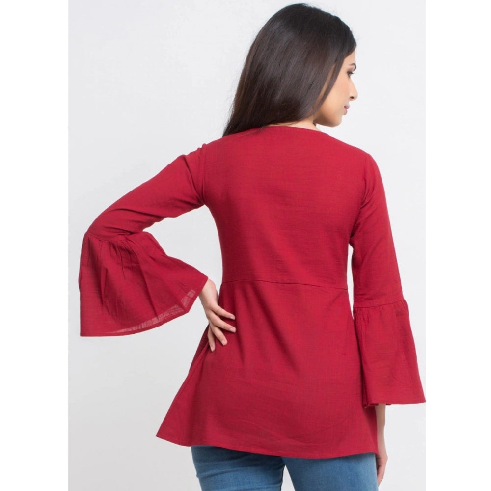 Generic Women's Casual Bell Sleeves Solid Cotton Top (Maroon)