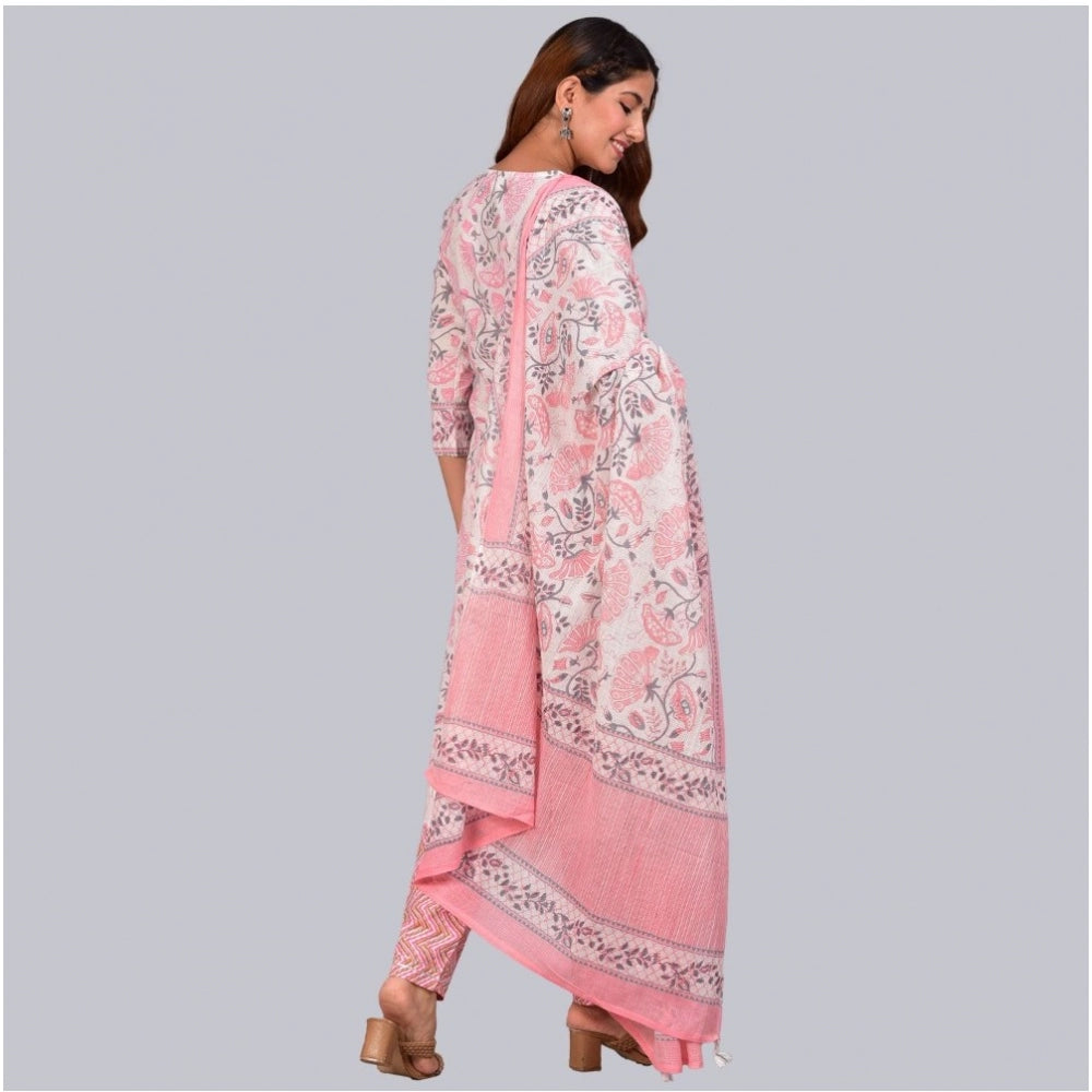 Generic Women's Casual 3/4 th Sleeve Floral Printed Cotton Kurti &amp; Pant With Dupatta (Baby Pink)