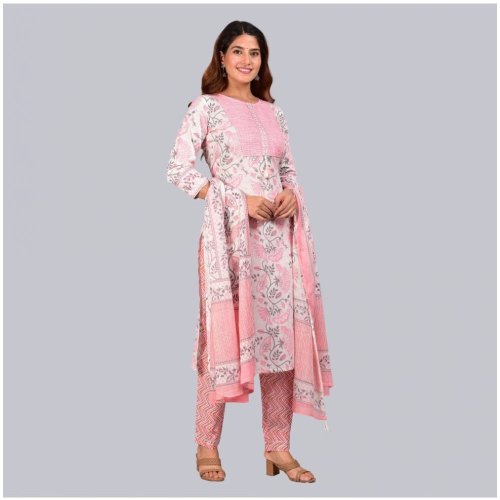 Generic Women's Casual 3/4 th Sleeve Floral Printed Cotton Kurti &amp; Pant With Dupatta (Baby Pink)