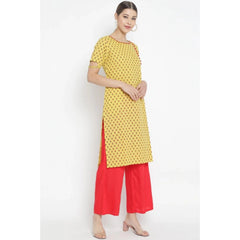 Generic Women's Casual Short Sleeves Floral Printed Cotton &amp; Rayon Kurti Palazzo Set (Yellow &amp; Red)