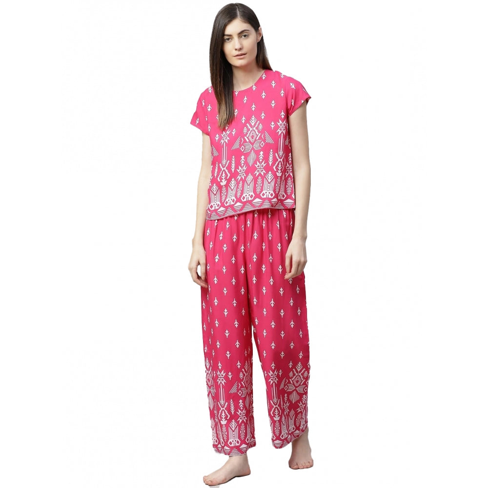 Generisches, kurzärmliges, bedrucktes Pyjama-Set aus Viskose für Damen (Rosa)