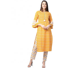 Generic Women's Casual 3/4 th Sleeve Floral Printed Cotton Kurti Set (Mustard)