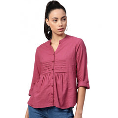 Generic Women's Casual Roll up sleeve Solid Cotton Slub Shirts (Pink)