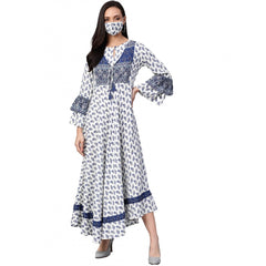 Generic Women's Casual Bell Sleeve Floral Printed Rayon Dress (White &amp; Blue)