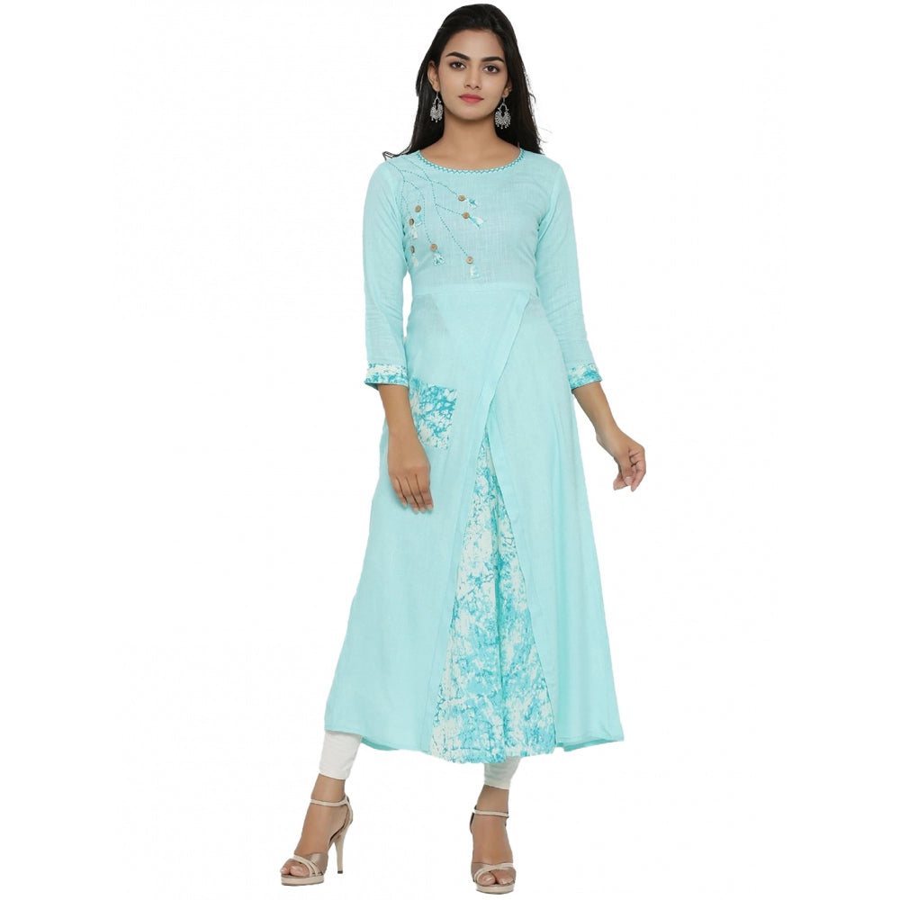 Generic Women's Casual 3/4 th Sleeve Embroidery Rayon Kurti (Sky Blue)