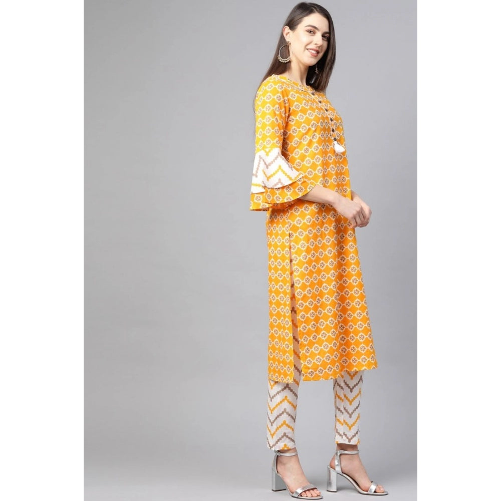 Generic Women's Casual 3/4 th Sleeve Floral Printed Cotton Kurti Set (Mustard)