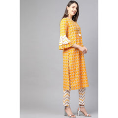 Generic Women's Casual 3/4 th Sleeve Floral Printed Cotton Kurti Set (Mustard)