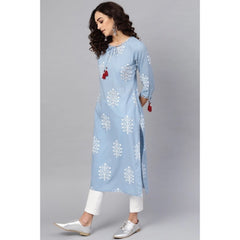 Generisches Damen-Kurti aus Batist-Baumwolle mit 3/4-Ärmeln und Stickerei (blau)