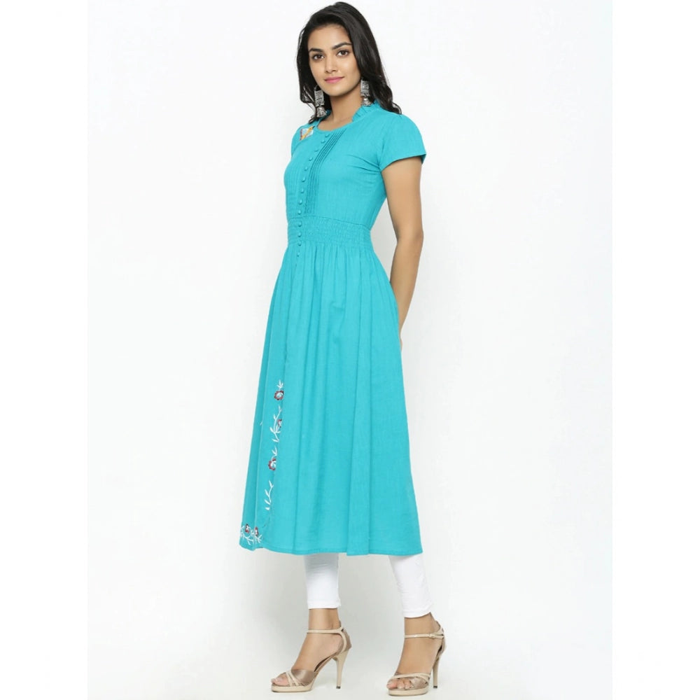 Generic Women's Casual Short Sleeve Embroidery Cotton Slub Kurti (Torque Green)