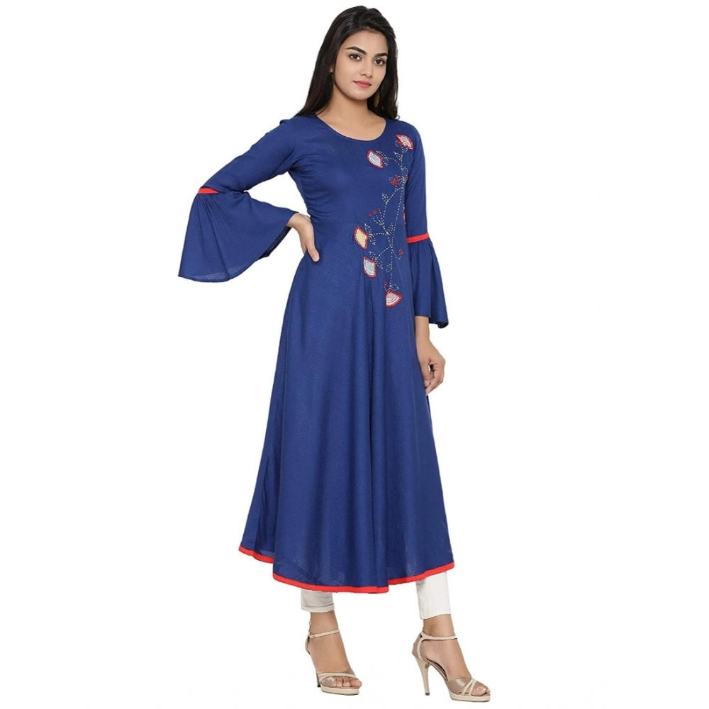 Generic Women's Casual Bell Sleeves Embroidery Rayon Kurti (Blue)