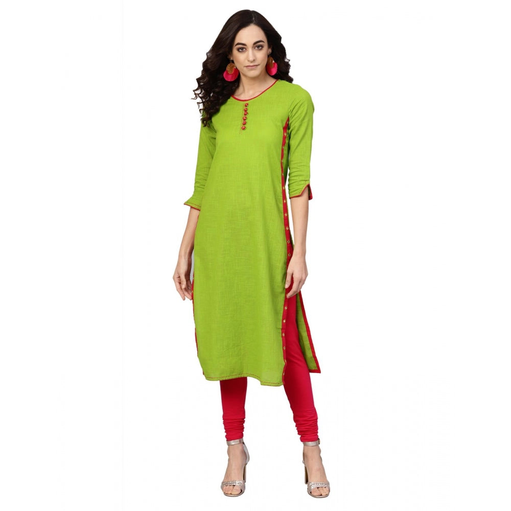 Generic Women's Casual 3/4 th Sleeve Mirror Work Cotton Slub Kurti (Green)