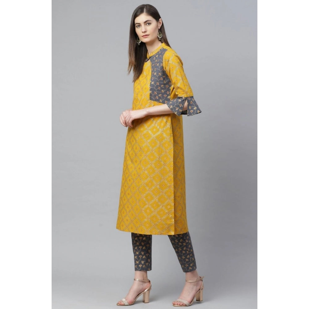 Generic Women's Casual Bell Sleeves Geomatrical Printed Cotton Kurti Set (Yellow)