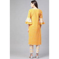 Generic Women's Casual 3/4 th Sleeve Floral Printed Cotton Kurti Set (Mustard)